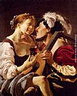 Hendrick Terbrugghen Canvas Paintings - A Luteplayer Carousing With A Young Woman Holding A Roemer